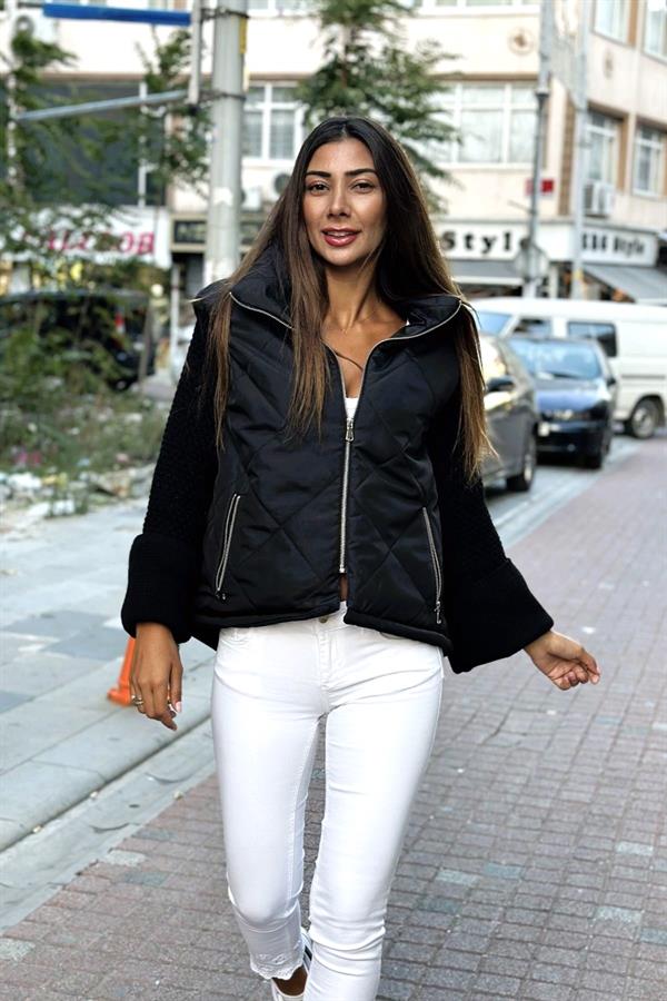 Siyah Dik Yaka Kolları Triko Cepleri Fermuarlı Şişme Mont Siyah Dik Yaka Kolları Triko Cepleri Fermuarlı Şişme Mont