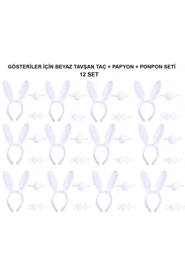 Beyaz Tavşan Kostüm Seti – Taç, Papyon, Kuyruk (12’li Paket) (5637)
