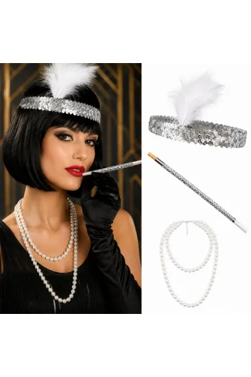 1920'ler Gatsby Gümüş Parti Seti - Çarliston Saç Bandı, İnci Kolye ve Sigara Tutacağı (5637) 1920'ler Gatsby Gümüş Parti Seti - Çarliston Saç Bandı, İnci Kolye ve Sigara Tutacağı (5637)
