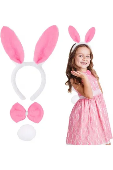 Pembe Tavşan Kostüm Seti – Taç, Papyon, Ponpon (12’li Paket) (5637)