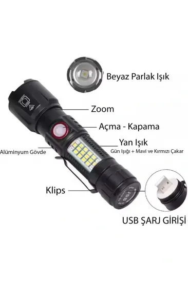 WS-2828 Ultra USB Şarjlı Polis El Feneri, Bekçi, Asker El Feneri Kırmızı Mavi Çakarlı 1000 Lümen (5637)