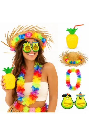 4 Parça Hawaii Parti Seti Ananas Bardak Hasır Şapka Avokado Gözlük Çiçek Kolye (5637) 4 Parça Hawaii Parti Seti Ananas Bardak Hasır Şapka Avokado Gözlük Çiçek Kolye (5637)