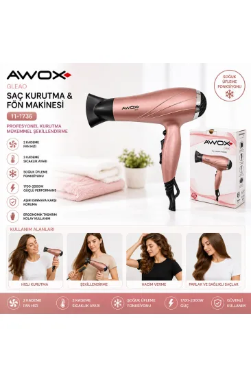AWOX GLEAO ROSE-GOLD SAÇ KURUTMA - FÖN MAKİNESİ SOĞUK ÜFLEME 2 KADEME FAN - 3 KADEME SICAKLIK 2000W (5637) AWOX GLEAO ROSE-GOLD SAÇ KURUTMA - FÖN MAKİNESİ SOĞUK ÜFLEME 2 KADEME FAN - 3 KADEME SICAKLIK 2000W (5637)