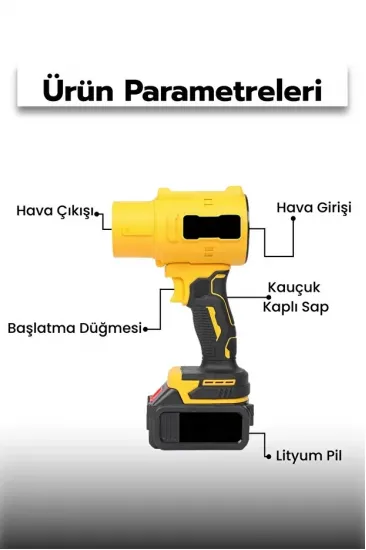 21V Kablosuz Hava Üfleyici | 32.000RPM Turbo Fan, 12.000mAh Batarya, Bahçe &amp; Araç Kurutma / Sarı (5637)