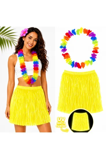 Neon Sarı Hawaii Etek 40 cm ve Rengarenk Hawaii Kolye (5637) Neon Sarı Hawaii Etek 40 cm ve Rengarenk Hawaii Kolye (5637)