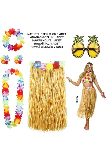 Hawaii Parti Kostüm Seti - 60 cm Hasır Etek, Çiçekli Aksesuarlar ve Ananas Gözlük (5637) Hawaii Parti Kostüm Seti - 60 cm Hasır Etek, Çiçekli Aksesuarlar ve Ananas Gözlük (5637)