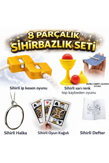 8’li Sihirbazlık Seti (Kibrit, Defter, Halka, Kupa, İp, 3’lü Kart) (5637) 8’li Sihirbazlık Seti (Kibrit, Defter, Halka, Kupa, İp, 3’lü Kart) (5637)