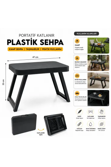 10 ADET KÜÇÜK= 47X33CM KAMP - PİKNİK MASASI SİYAH PLASTİK KATLANABİLİR AYAKLI=38CM (5637)