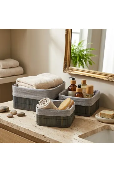 GRİ 3 BOY KARE BAMBU KENAR ORGANİZER SEPET AHŞAP ALTLIK - BEZLİ 17X21X25CM (5637) GRİ 3 BOY KARE BAMBU KENAR ORGANİZER SEPET AHŞAP ALTLIK - BEZLİ 17X21X25CM (5637)