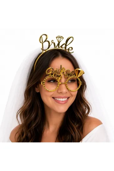 Bride Yazılı Gold Taç ve Parti Gözlüğü Seti (5637) Bride Yazılı Gold Taç ve Parti Gözlüğü Seti (5637)