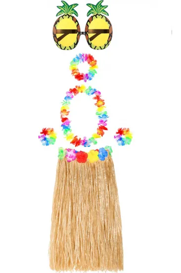 Hawaii Parti Kostüm Seti - 60 cm Hasır Etek, Çiçekli Aksesuarlar ve Ananas Gözlük (5637) Hawaii Parti Kostüm Seti - 60 cm Hasır Etek, Çiçekli Aksesuarlar ve Ananas Gözlük (5637)