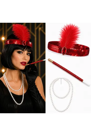 1920'ler Gatsby Kırmızı Parti Seti - Çarliston Saç Bandı, İnci Kolye ve Sigara Tutacağı (5637) 1920'ler Gatsby Kırmızı Parti Seti - Çarliston Saç Bandı, İnci Kolye ve Sigara Tutacağı (5637)