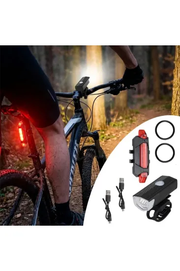 Bisiklet Işık Seti – USB Şarjlı LED Ön Far + Arka Stop Lambası, Su Geçirmez Bisiklet Aydınlatma Seti (5637)