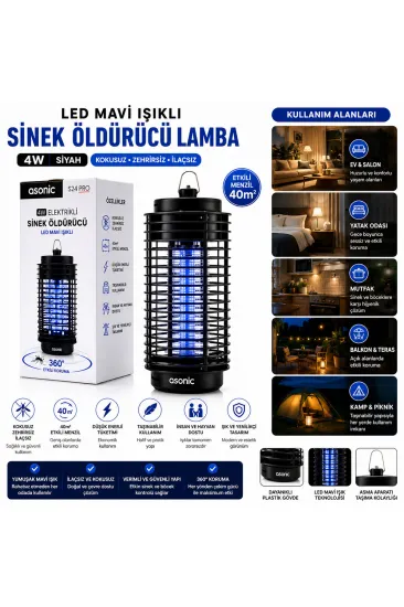 4W - SİYAH KOKUSUZ TAŞINABİLİR LED MAVİ IŞIKLI SİNEK ÖLDÜRÜCÜ S24 PRO (5637)