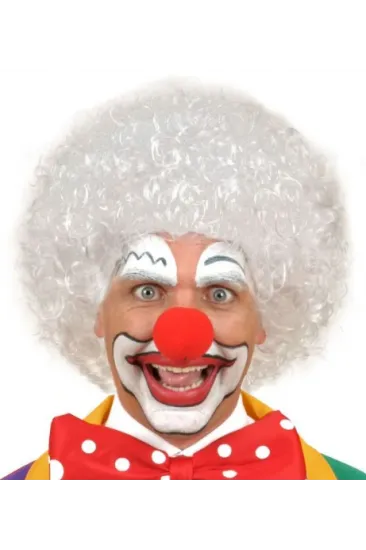 Beyaz Renk Kıvırcık Afro Bonus Peruk Saç ve Kırmızı Sünger Burun Seti (5637)