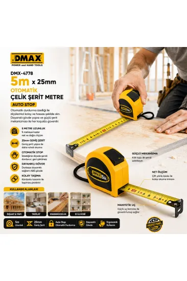 12 ADET 5MT X 25MM OTOMATİK ÇELİK ŞERİT METRE STOPLU (5637)