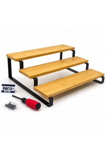 3 BASAMAKLI AHŞAP - BAMBU TEZGAH ÜSTÜ BAHARATLIK - DÜZENLEYİCİ STAND 29.5X23.5X10.5CM (5637)