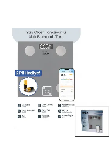 GRİ YAĞ ÖLÇER AKILLI BLUETOOTH CAM BASKÜL PİLLİ 180KG/50GR 26X26CM 8-KİŞİ HAFIZA LCD EKRAN ℃ GÖSTERGE SBS-4473 (5637) GRİ YAĞ ÖLÇER AKILLI BLUETOOTH CAM BASKÜL PİLLİ 180KG/50GR 26X26CM 8-KİŞİ HAFIZA LCD EKRAN ℃ GÖSTERGE SBS-4473 (5637)