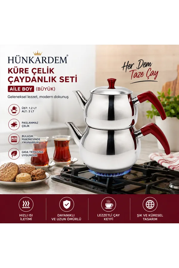 AİLE BÜYÜK BOY KÜRE ÇELİK ÇAYDANLIK SETİ ÜST: 1.2LT - ALT: 2LT (5637) AİLE BÜYÜK BOY KÜRE ÇELİK ÇAYDANLIK SETİ ÜST: 1.2LT - ALT: 2LT (5637)