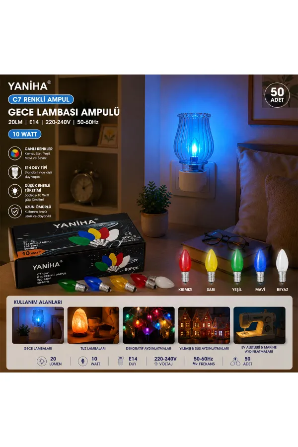 50 ADET MİX RENKLİ GECE LAMBASI AMPUL E14 - 10W C7 (5637) 50 ADET MİX RENKLİ GECE LAMBASI AMPUL E14 - 10W C7 (5637)