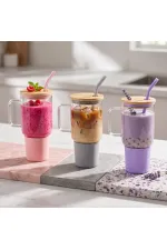 1000 ml Cam Matara Kupa Bardak - Bambu Kapaklı - Silikon Kılıflı - Çelik Pipetli 1000 ml Cam Matara Kupa Bardak - Bambu Kapaklı - Silikon Kılıflı - Çelik Pipetli
