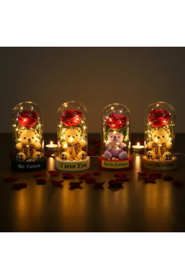 Ayıcıklı Ledli Gül Fanus Ayıcıklı Ledli Gül Fanus