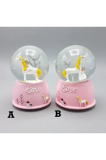 Mini Pembe Kar Küresi - Sevimli Unicorn ve Kız Tasarımlı - Işıklı Mini Pembe Kar Küresi - Sevimli Unicorn ve Kız Tasarımlı - Işıklı