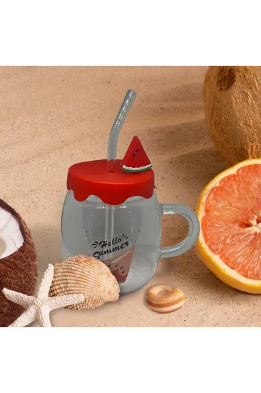 Karpuz Tasarımlı Cam Kupa Bardak - 450 ml - Silikon Kapaklı - Pipetli Karpuz Tasarımlı Cam Kupa Bardak - 450 ml - Silikon Kapaklı - Pipetli