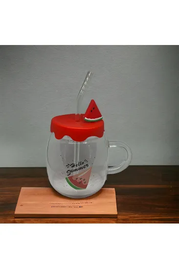 Karpuz Tasarımlı Cam Kupa Bardak - 450 ml - Silikon Kapaklı - Pipetli Karpuz Tasarımlı Cam Kupa Bardak - 450 ml - Silikon Kapaklı - Pipetli