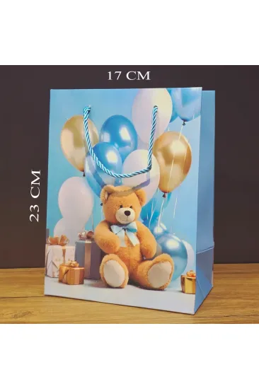 Ayıcık Desenli Mavi Küçük Boy Karton Hediye Çantası Ayıcık Desenli Mavi Küçük Boy Karton Hediye Çantası