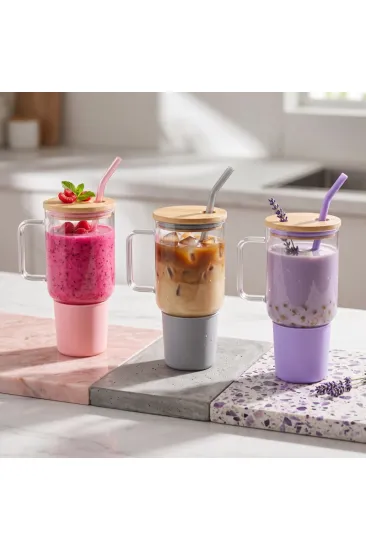 1000 ml Cam Matara Kupa Bardak - Bambu Kapaklı - Silikon Kılıflı - Çelik Pipetli 1000 ml Cam Matara Kupa Bardak - Bambu Kapaklı - Silikon Kılıflı - Çelik Pipetli