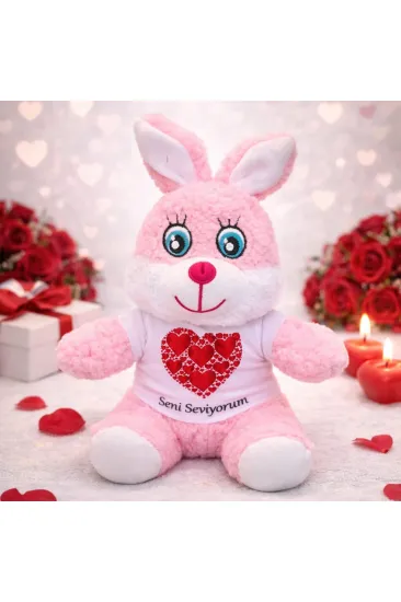 Seni Seviyorum Tişörtlü Pembe Peluş Tavşan