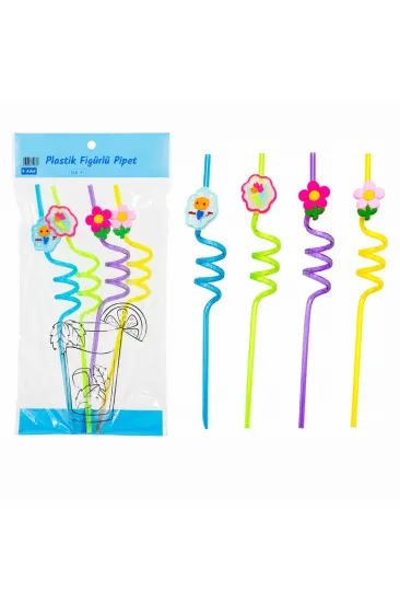 Kıvrımlı Renkli Plastik Pipet - Figürlü Tasarım - 4'lü Paket Kıvrımlı Renkli Plastik Pipet - Figürlü Tasarım - 4'lü Paket