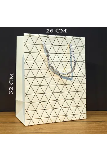 Beyaz Geometrik Desenli Büyük Boy Karton Hediye Çantası Beyaz Geometrik Desenli Büyük Boy Karton Hediye Çantası