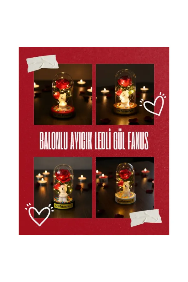 Balonlu Ayıcık Ledli Gül Fanus Balonlu Ayıcık Ledli Gül Fanus