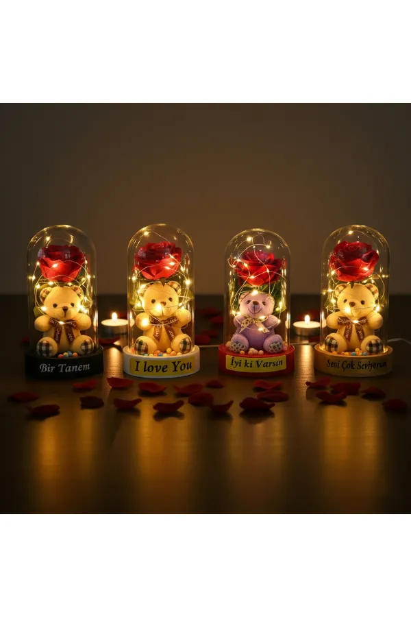 Ayıcıklı Ledli Gül Fanus Ayıcıklı Ledli Gül Fanus