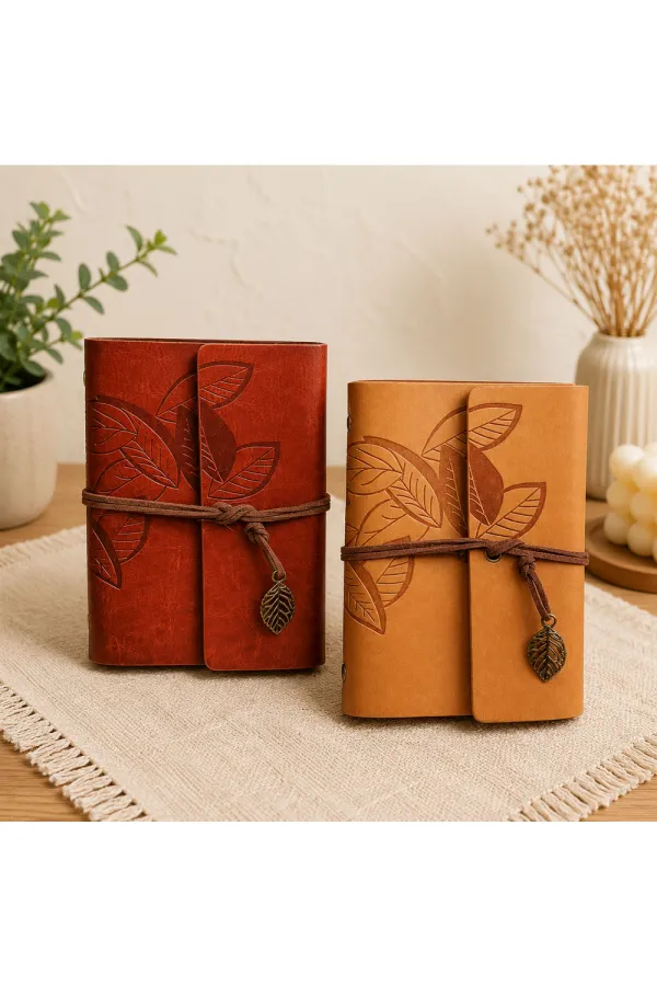 Yaprak Desenli Retro Deri Defter - Vintage Ajanda Yaprak Desenli Retro Deri Defter - Vintage Ajanda