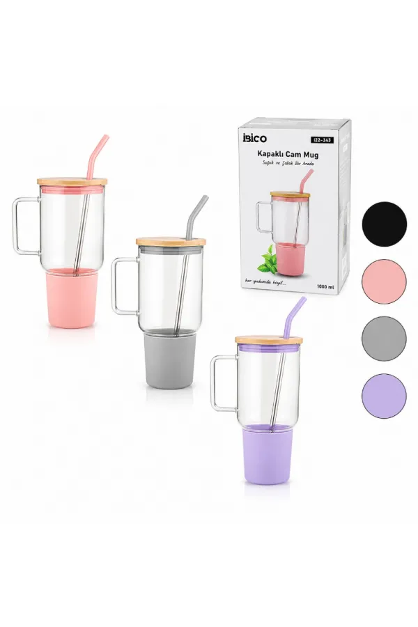 1000 ml Cam Matara Kupa Bardak - Bambu Kapaklı - Silikon Kılıflı - Çelik Pipetli 1000 ml Cam Matara Kupa Bardak - Bambu Kapaklı - Silikon Kılıflı - Çelik Pipetli