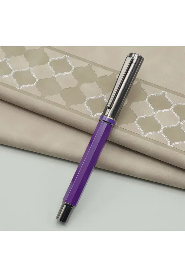 Yaprak Desenli Mor Deri Defter Ve Metal Roller Kalem Seti