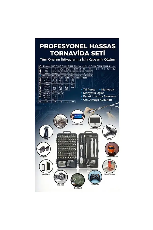 115 Parça Manyetik Uçlu Hassas Tornavida Seti 115 Parça Manyetik Uçlu Hassas Tornavida Seti