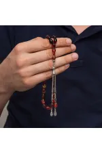 Metal Püsküllü Siyah ve Ateş Tonlu Sıkma Kehribar Tesbih Metal Püsküllü Siyah ve Ateş Tonlu Sıkma Kehribar Tesbih