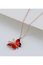 Gümüş Rose Kırmızı Kelebek Kolye Gümüş Rose Kırmızı Kelebek Kolye