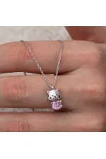 Gümüş Pembe Taşlı Sevimli Kedi Kadın Kolye Gümüş Pembe Taşlı Sevimli Kedi Kadın Kolye