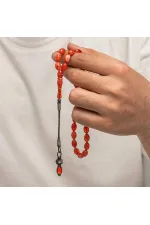 Gümüş 1000 Ayar Kazaz Püsküllü Sıkma Kehribar Tesbih