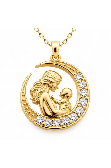 Gümüş Hilal İçinde Anne Bebek Figürlü Gold Kolye Gümüş Hilal İçinde Anne Bebek Figürlü Gold Kolye