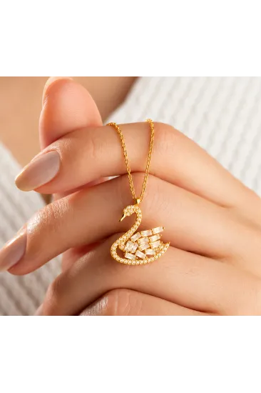Gümüş Gold Baget Taşlı Kuğu Kadın Kolye Gümüş Gold Baget Taşlı Kuğu Kadın Kolye