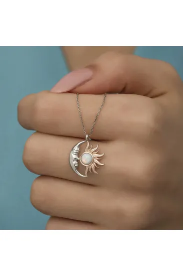 Gümüş Opal Beyaz Taşlı Ay Güneş Kadın Kolye Gümüş Opal Beyaz Taşlı Ay Güneş Kadın Kolye