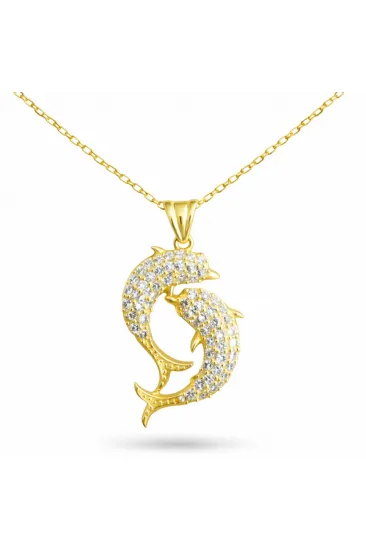 Gümüş Gold Çift Yunus Balığı Kadın Kolye