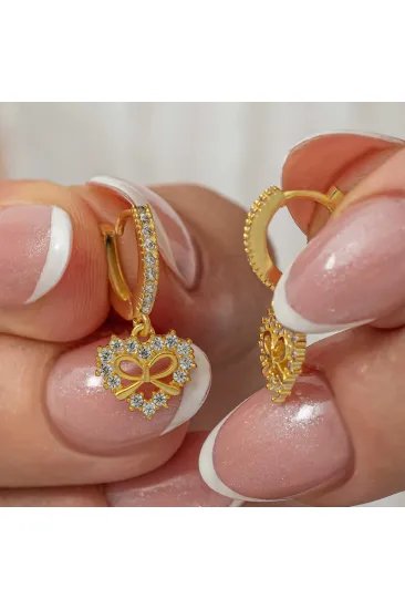 Gümüş Gold Kalp Kurdele Sallantılı Kadın Küpe Gümüş Gold Kalp Kurdele Sallantılı Kadın Küpe
