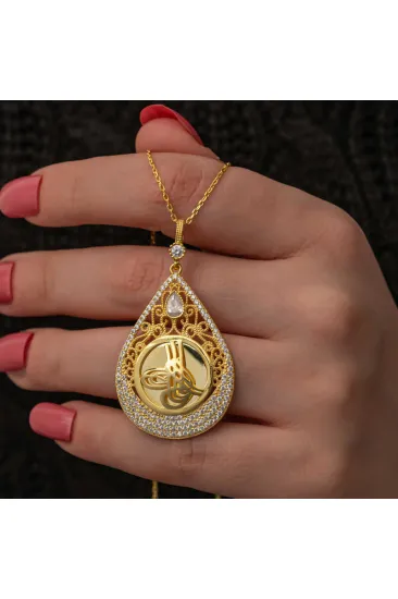 Gümüş Gold Kaplama Damla Tuğralı Kadın Kolye Gümüş Gold Kaplama Damla Tuğralı Kadın Kolye